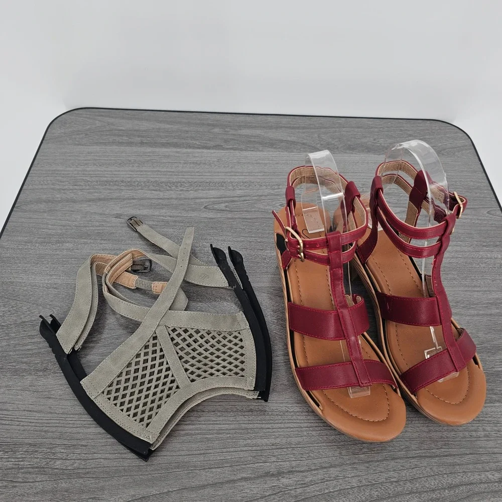 SolelyJane Burgundy Red Interchangeable Wedge Sandals Womens 6 Gladiator Buckle